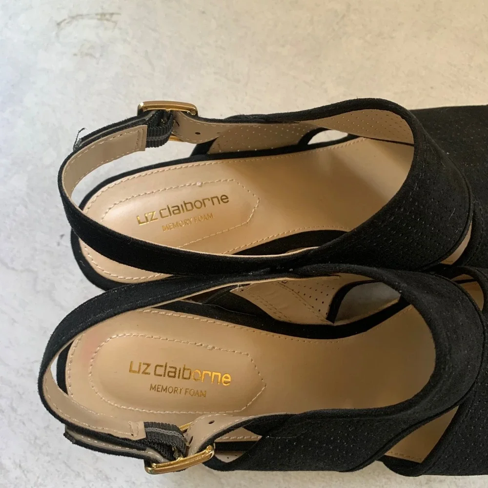 Liz Claiborne 8.5 Wedge Sandals Black LC Hatcher Perforated Espadrille Slingback